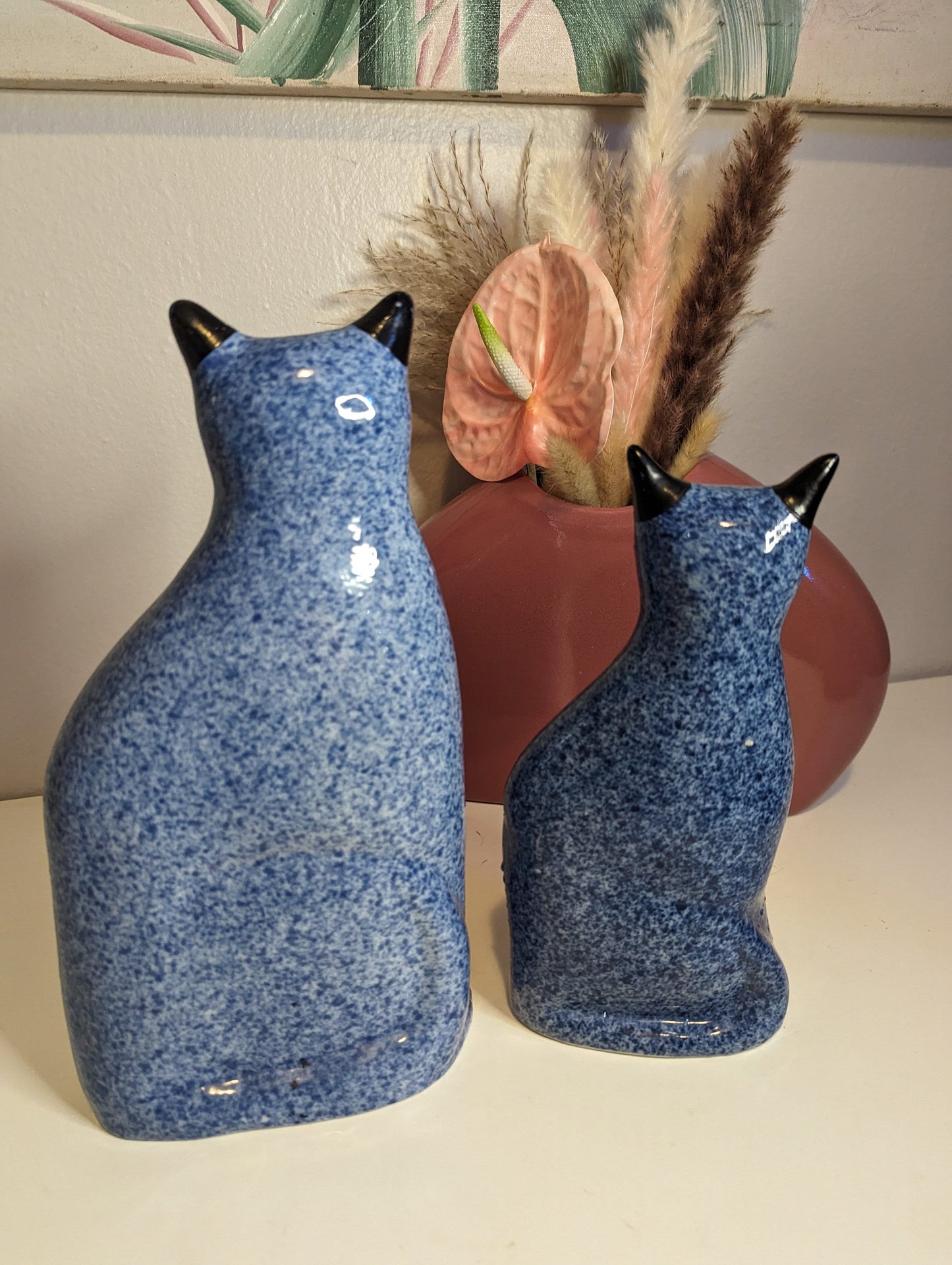 Cobalt blue ceramic cat mom and kitten pair sculptures