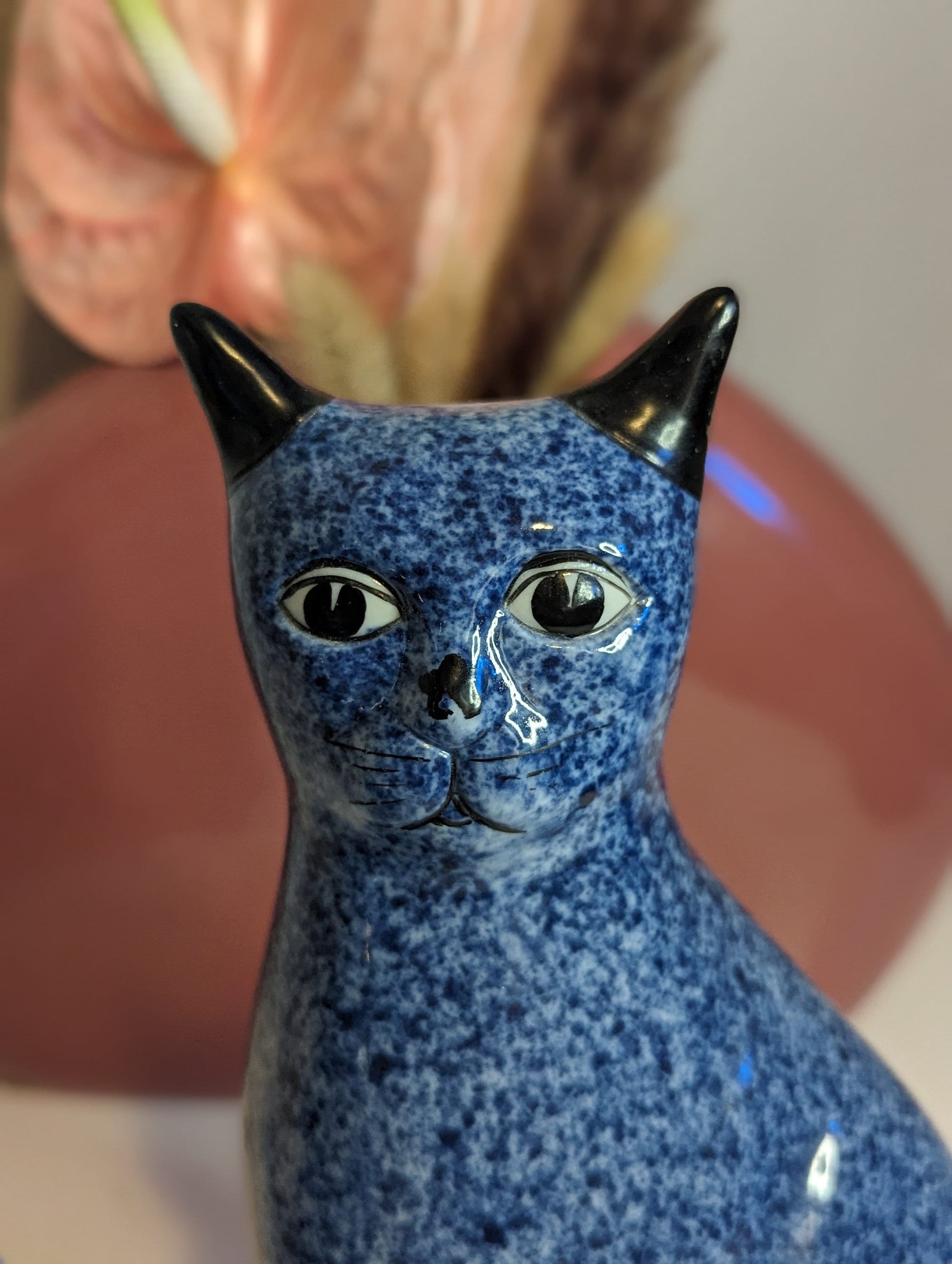 Cobalt blue ceramic cat mom and kitten pair sculptures