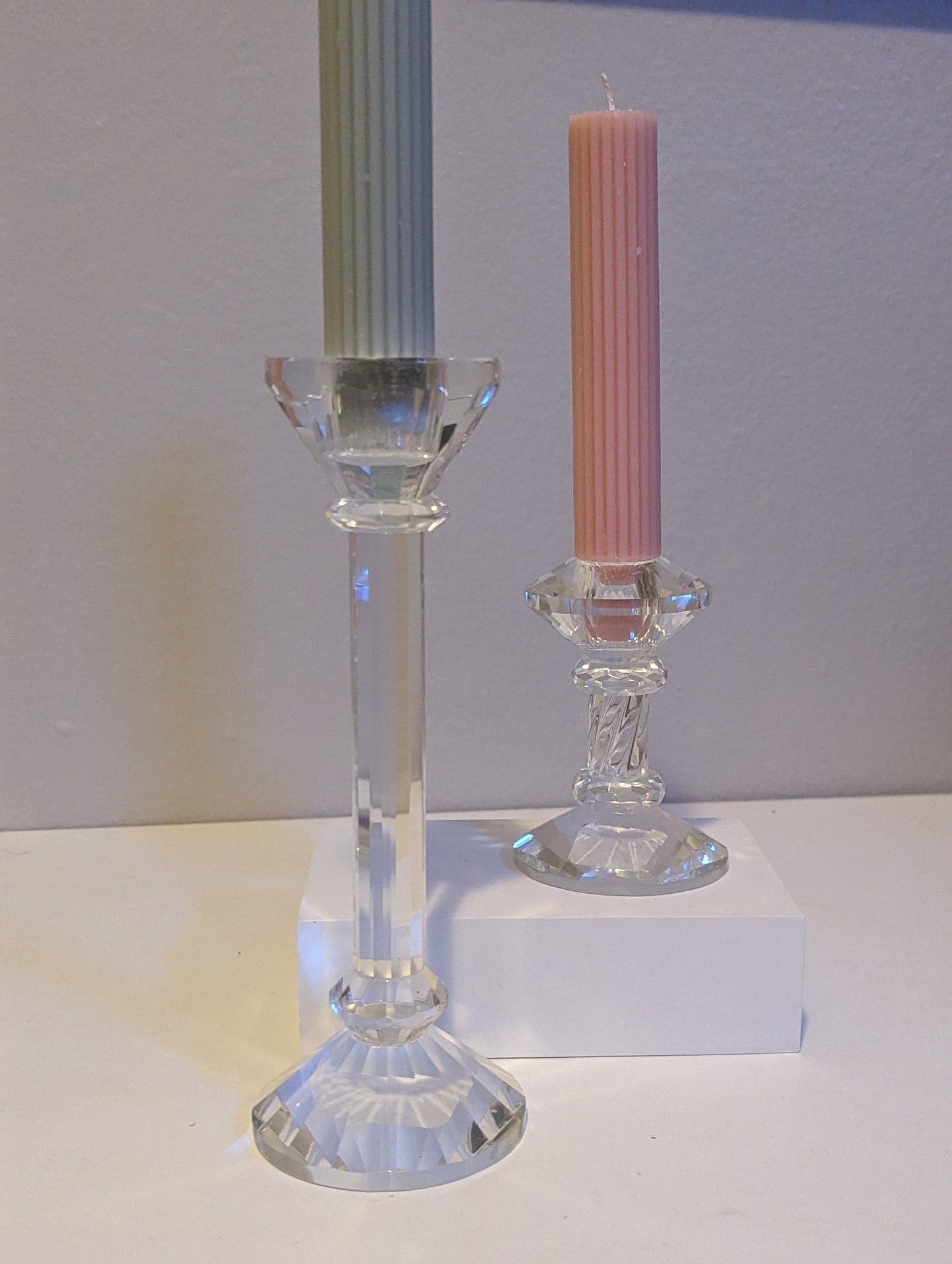 80s Glass crystal candleholder pair