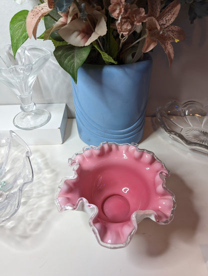 Fenton milk glass white and hot pink bowl