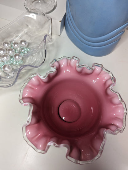 Fenton milk glass white and hot pink bowl