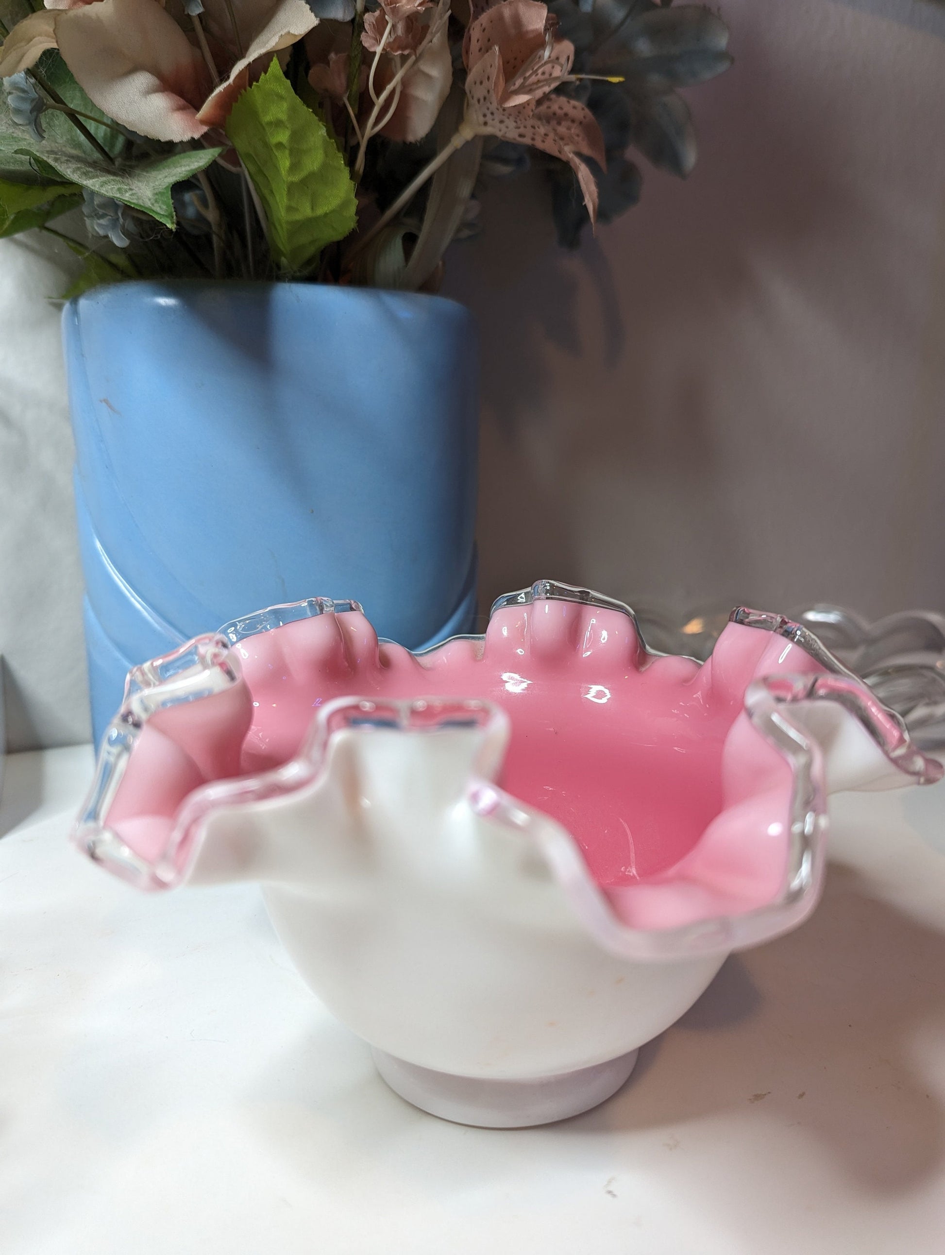 Fenton milk glass white and hot pink bowl