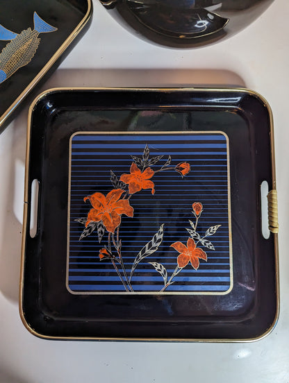 Vintage Lacquerware japanese fish and hyacinth graphic tray set