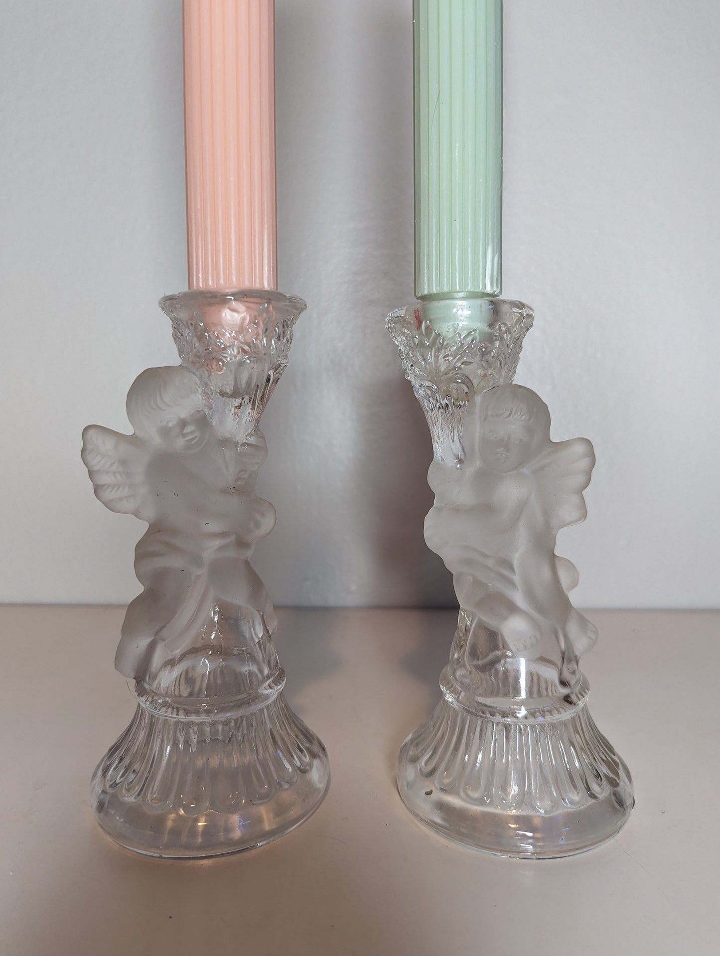 Vintage rococo glass cupid angel candle holders