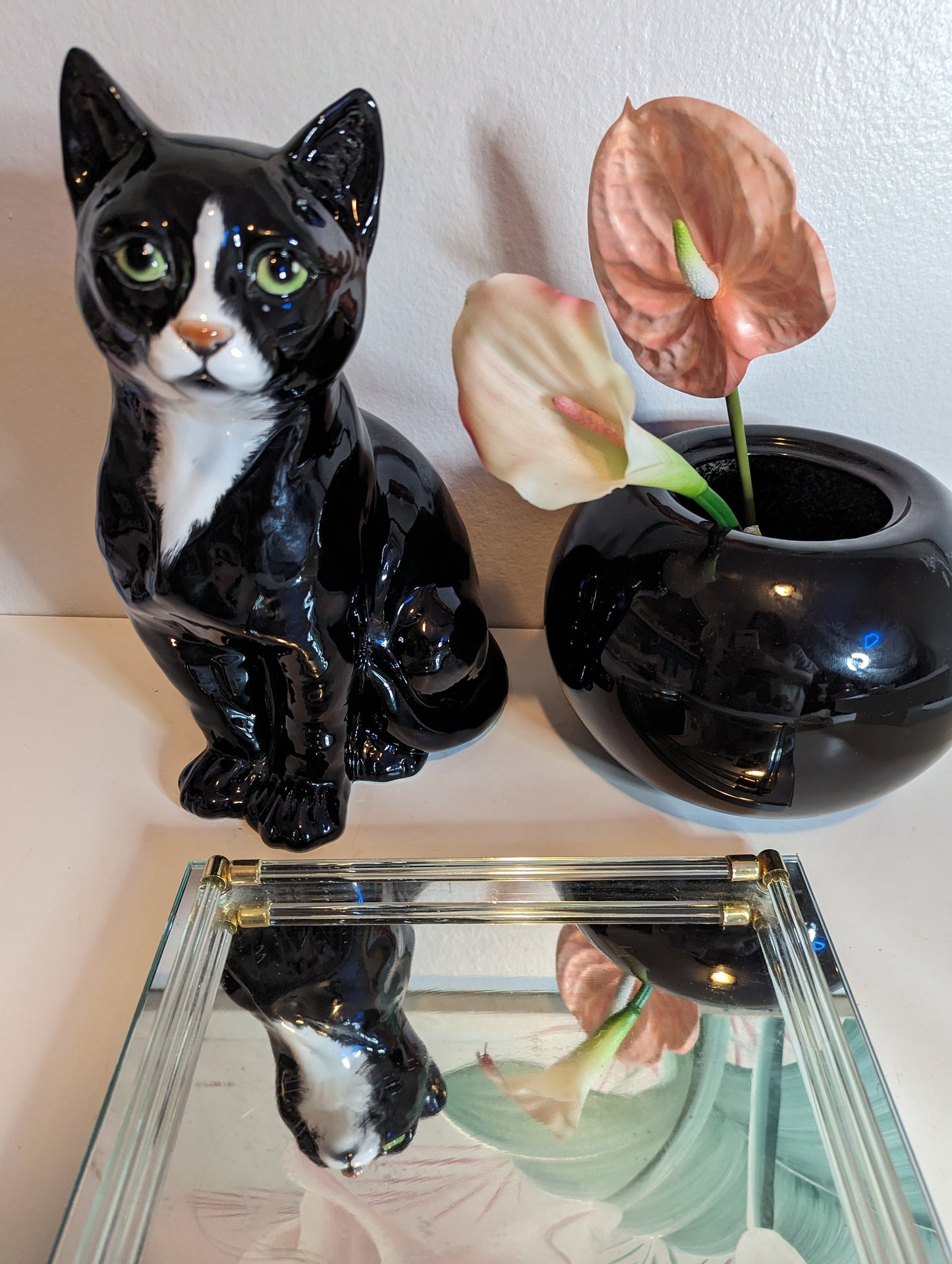 Cat Figurine Black White Made in Italy Giovanni RONZAN? Vintage 1960-1970s