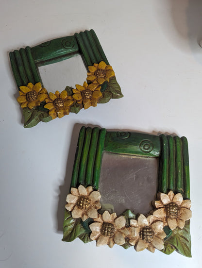 Woodcarved green sunflower mini mirrors white and yellow