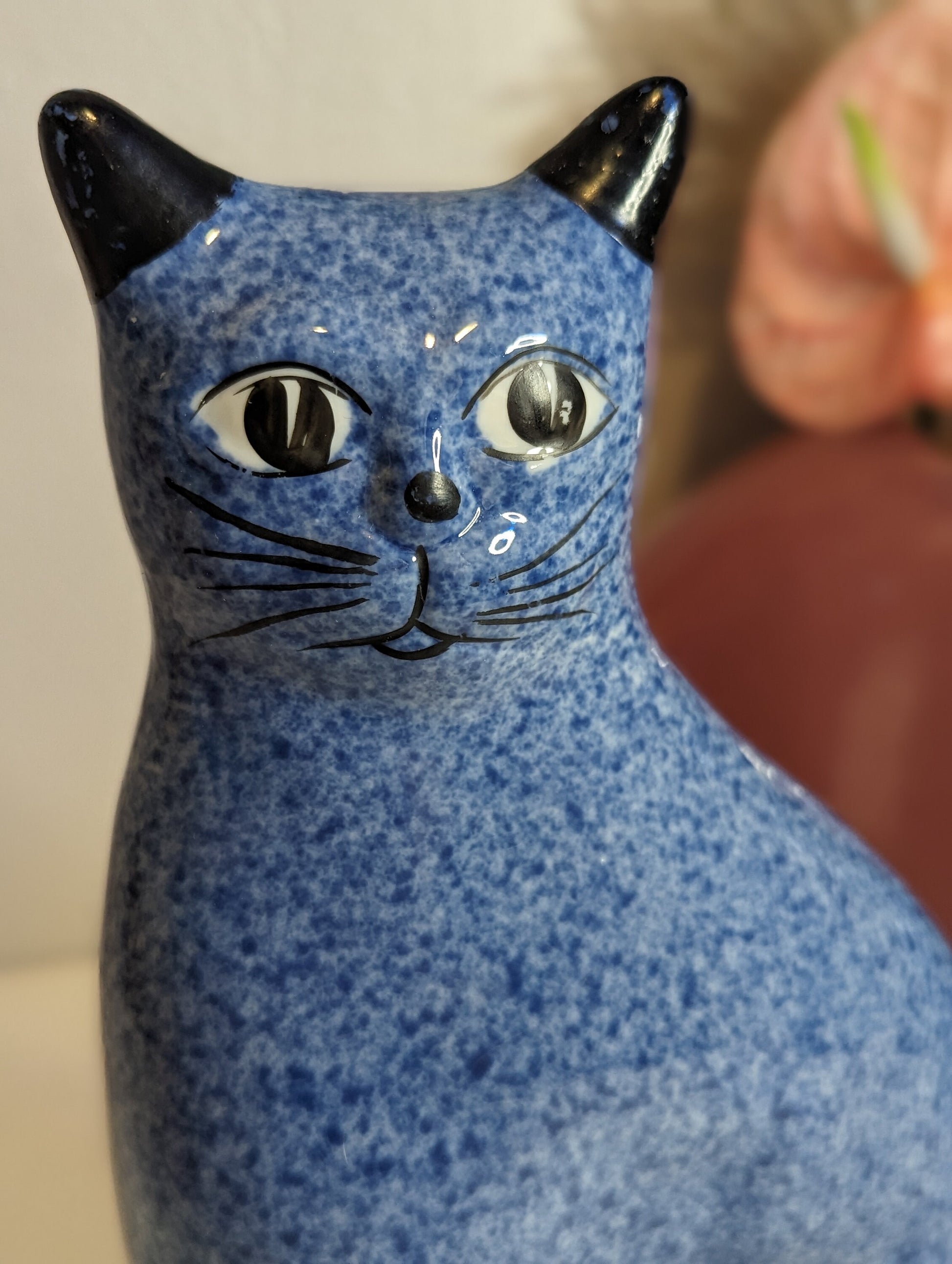 Cobalt blue ceramic cat mom and kitten pair sculptures