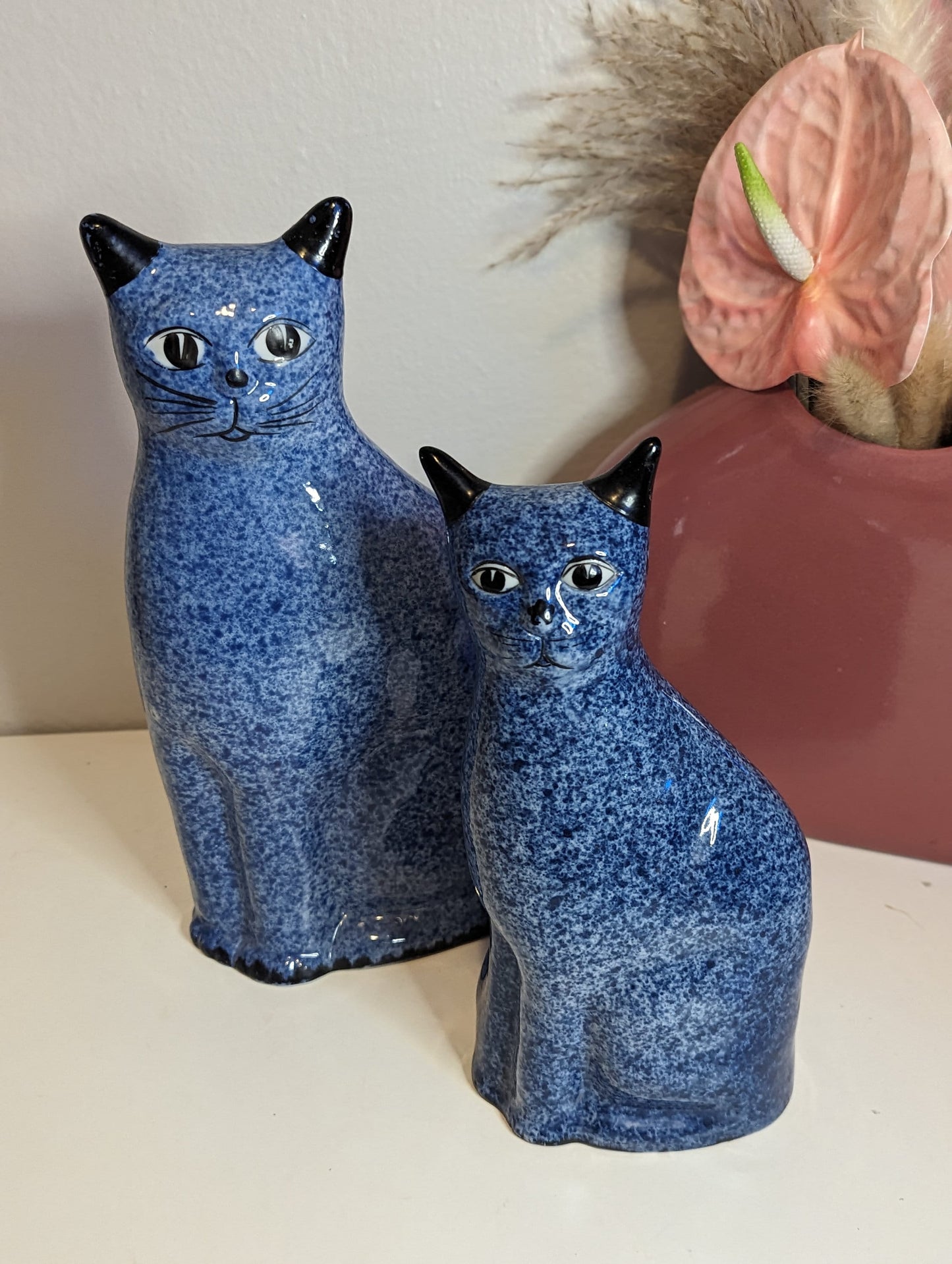 Cobalt blue ceramic cat mom and kitten pair sculptures