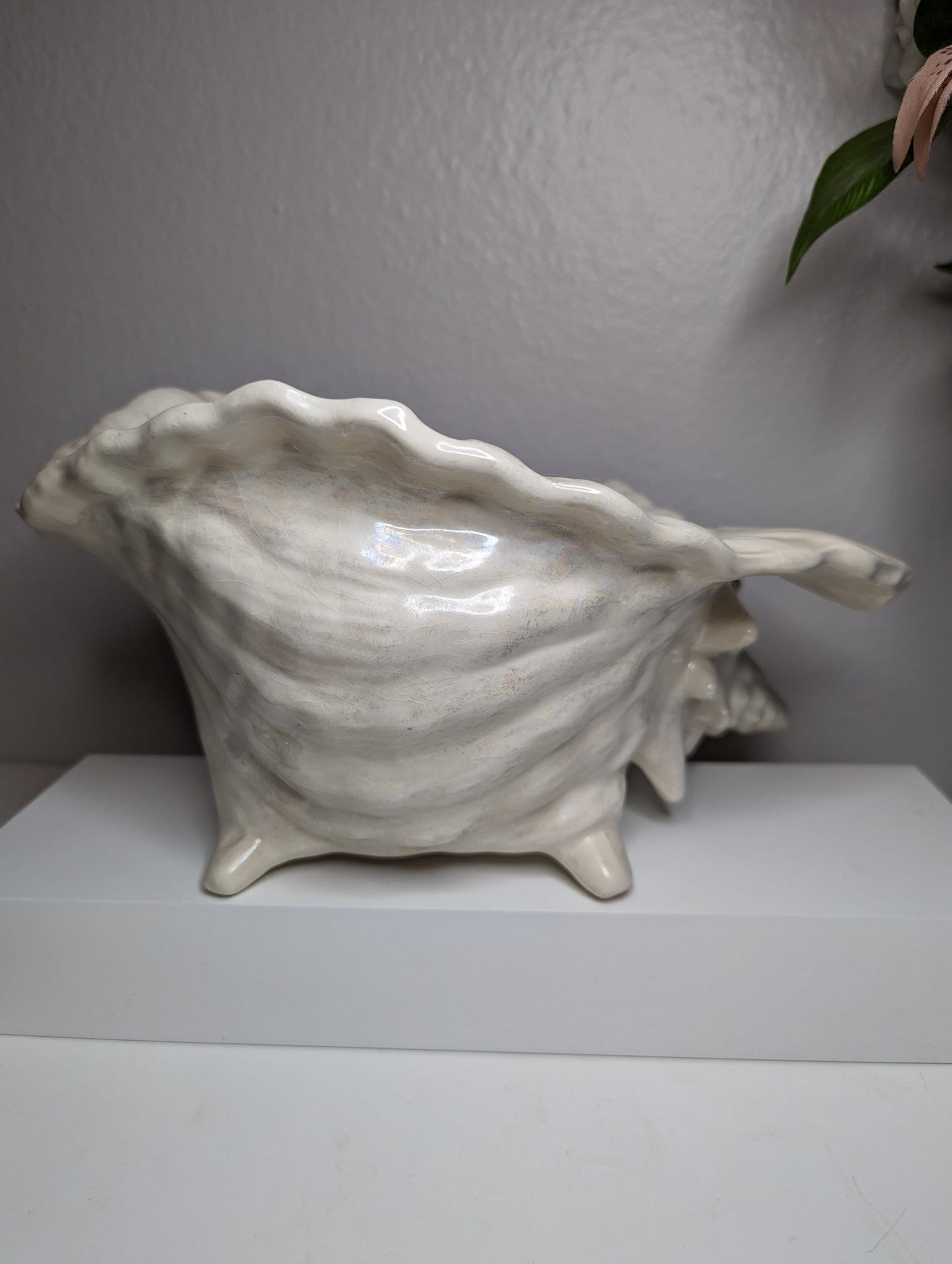 Vintage 80s white porcelain seashell nautical planter vase