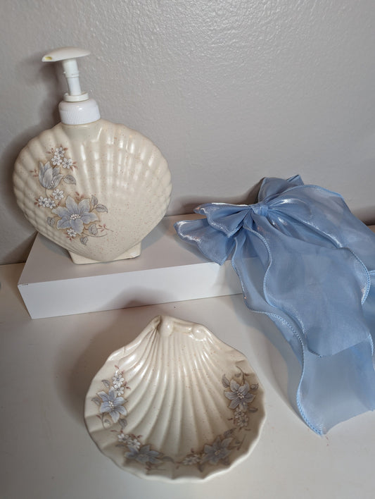 90s vintage seashell floral iris soap tray and dish soap dispenser