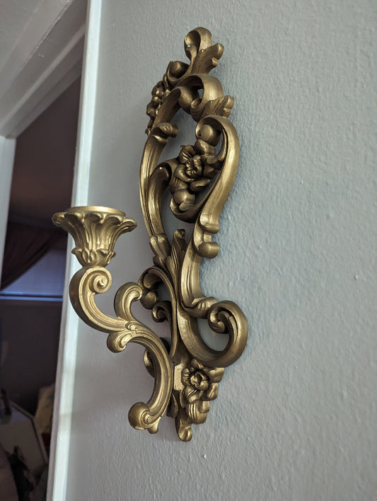 Homco vintage gold rococo swirl candleholder wall sconce