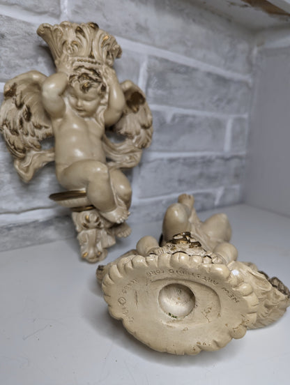 Vintage Old Hollywood Angel Cherub candleholder wall sconces pair