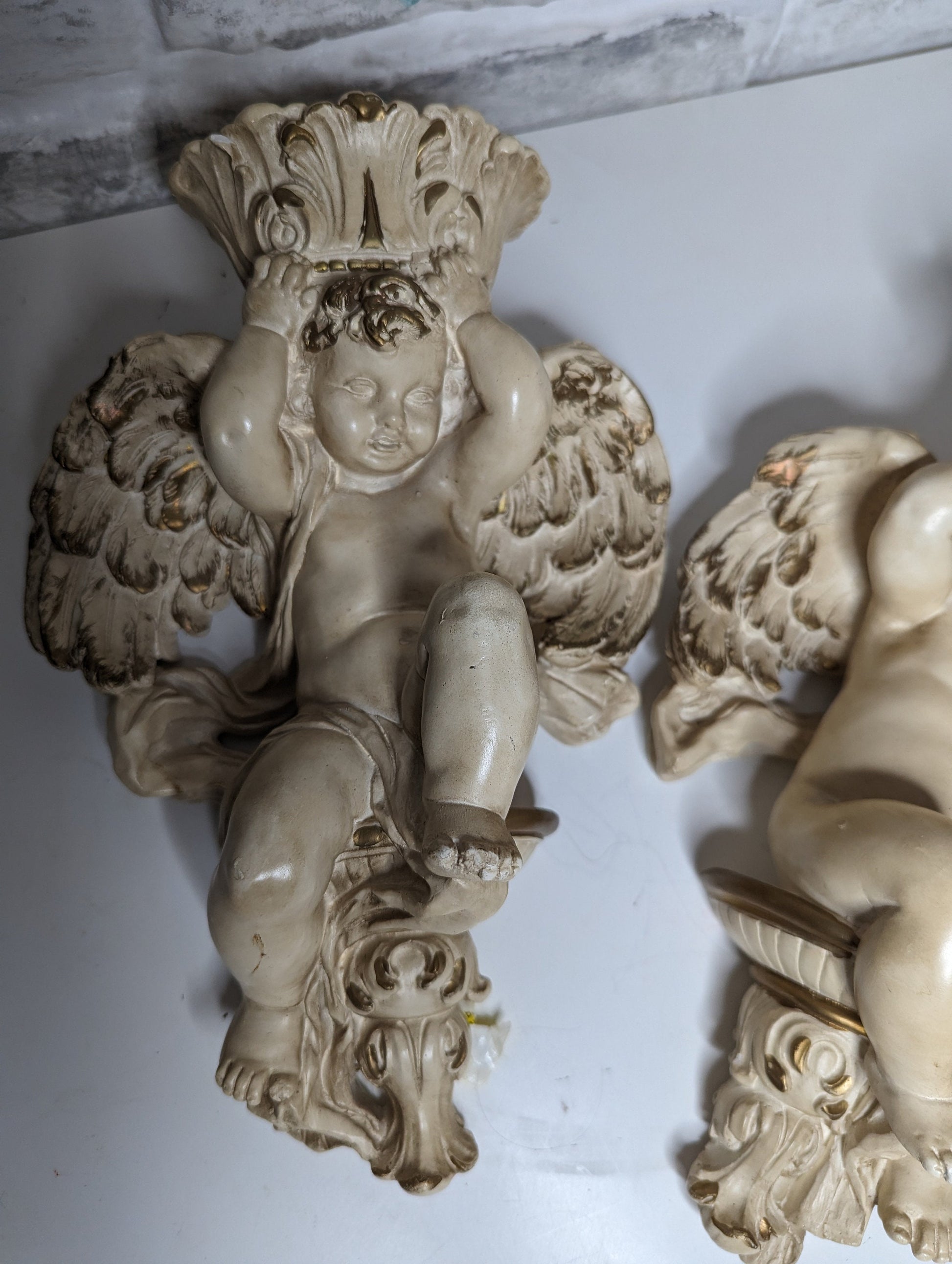 Vintage Old Hollywood Angel Cherub candleholder wall sconces pair