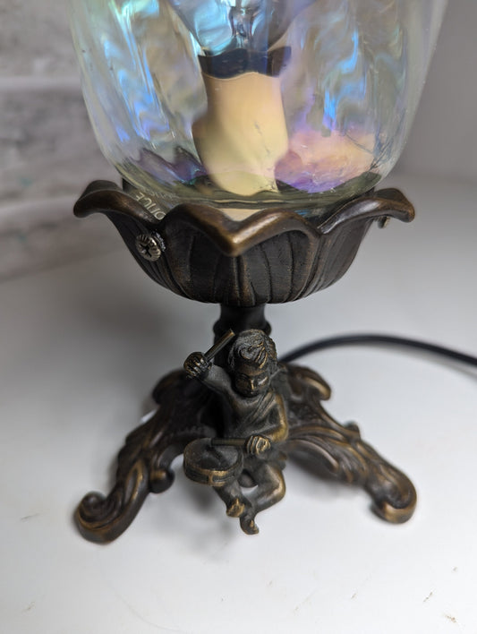 Vintage art nouveau tulip iridescent lamp with drummer boy Cherub figurine