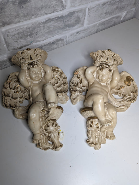 Vintage Old Hollywood Angel Cherub candleholder wall sconces pair