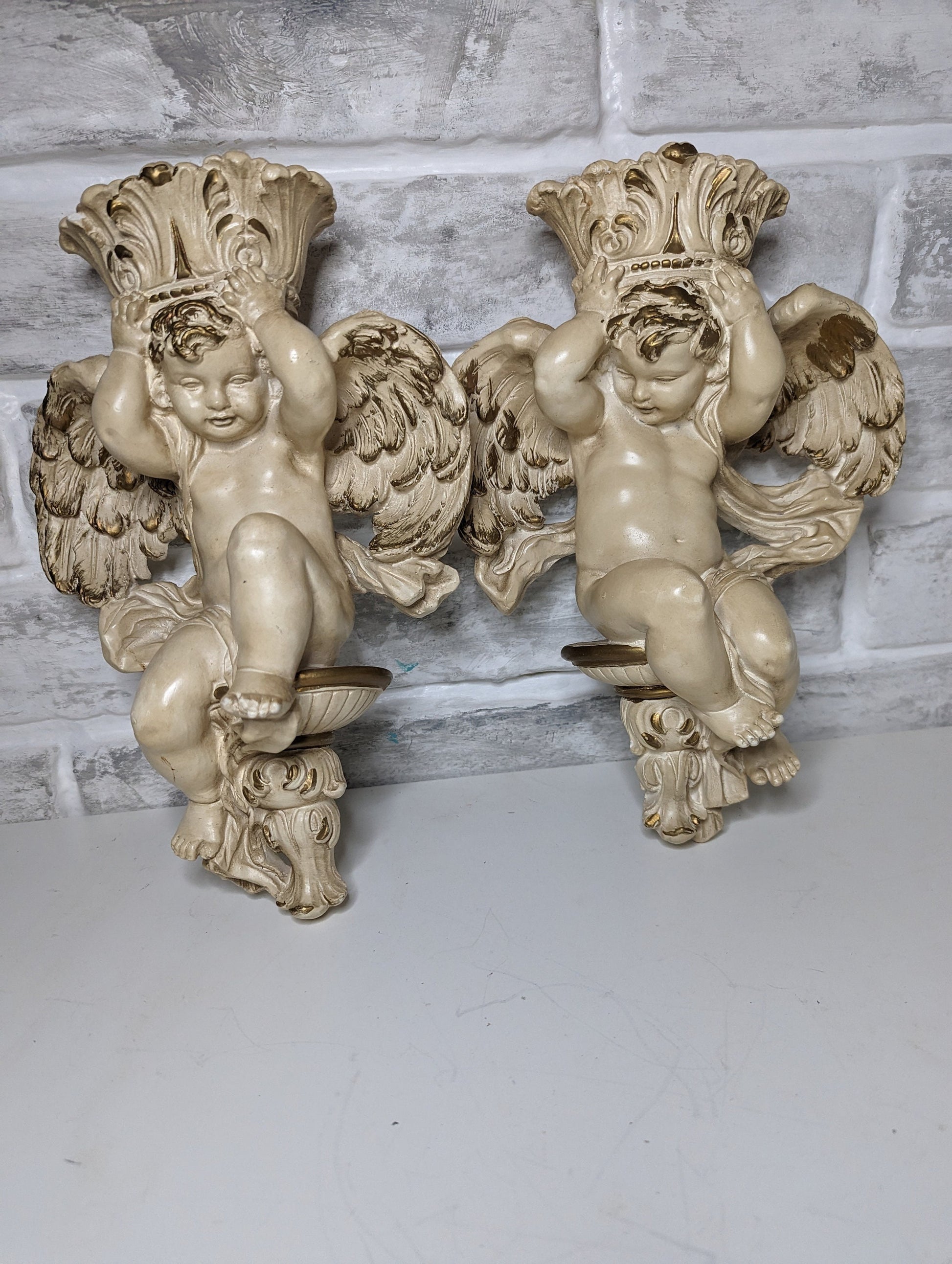 Vintage Old Hollywood Angel Cherub candleholder wall sconces pair