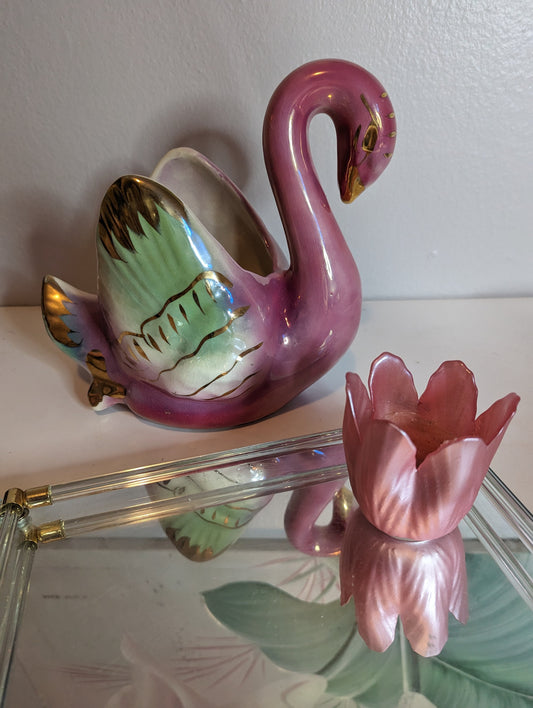 Vintage Swan Planter Colonial China Pink and Gold Luster MCM Art Pottery