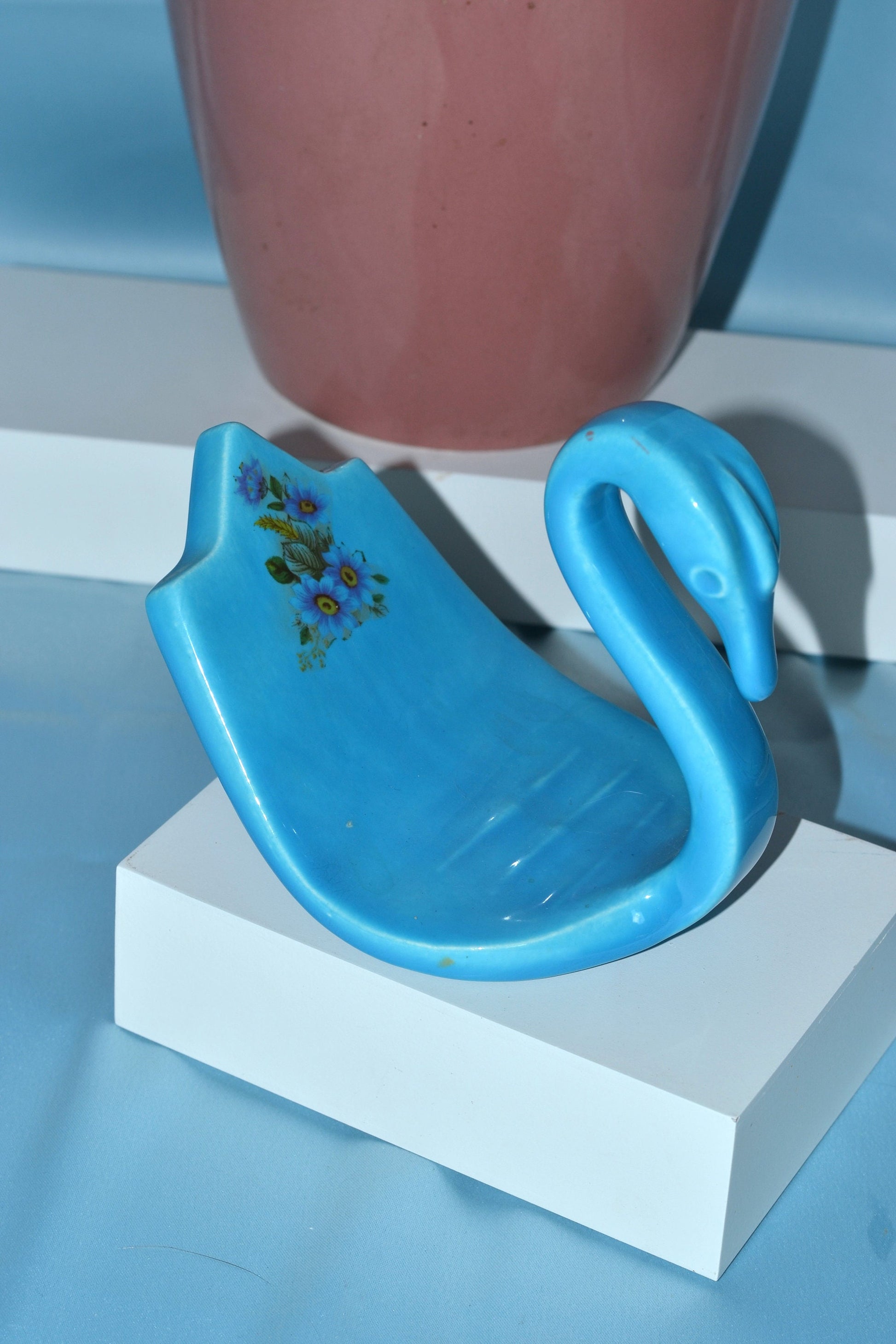 Blue 80s art deco ceramic swan soap dish towel holder