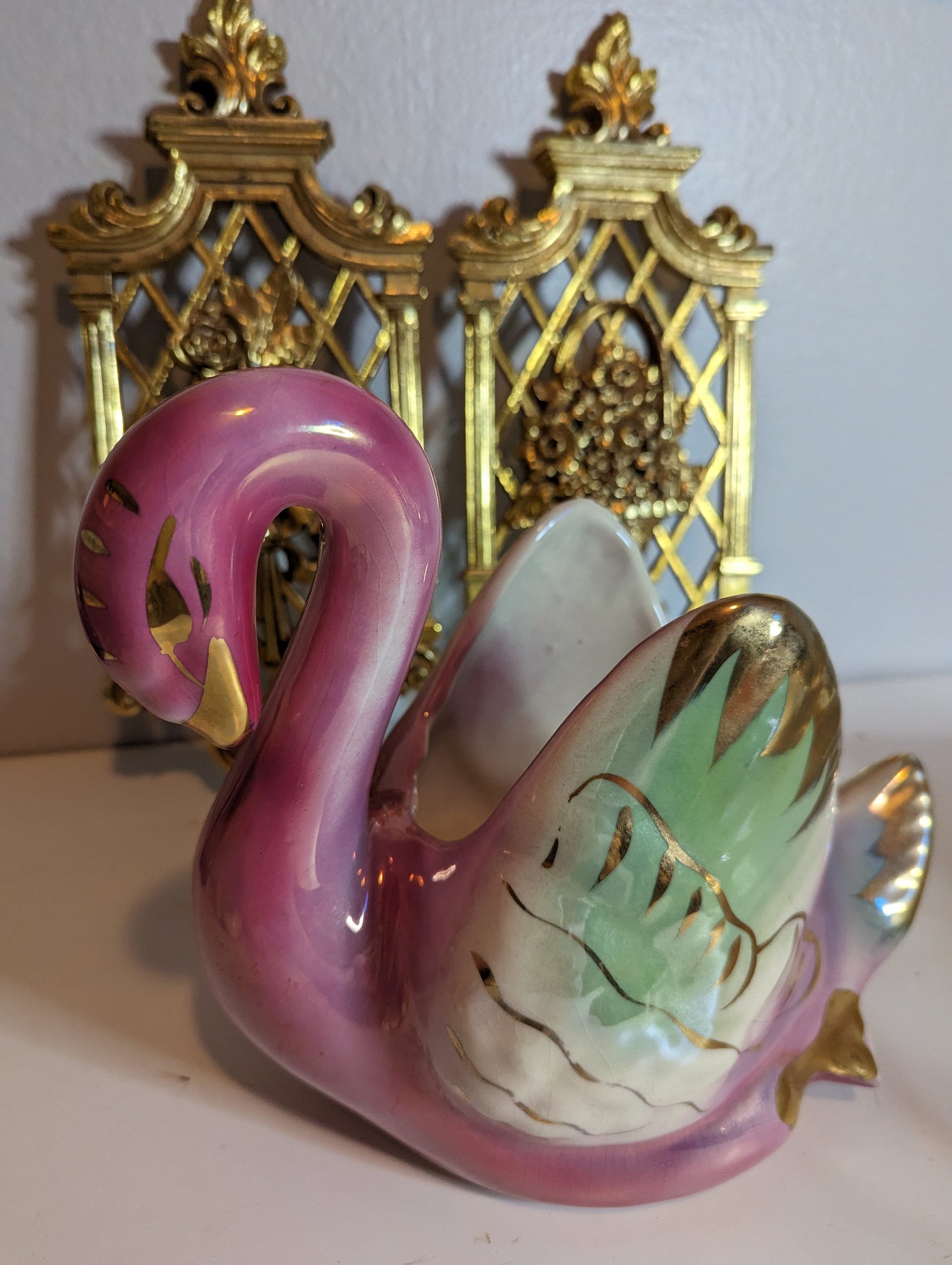 Vintage Swan Planter Colonial China Pink and Gold Luster MCM Art Pottery