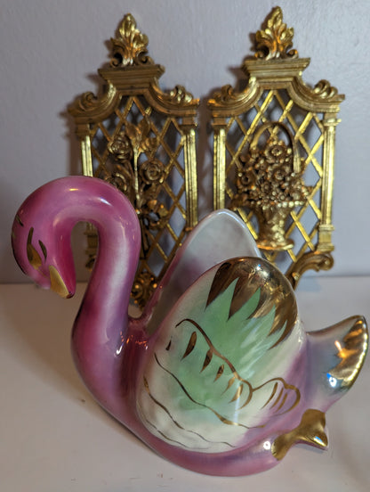 Vintage Swan Planter Colonial China Pink and Gold Luster MCM Art Pottery