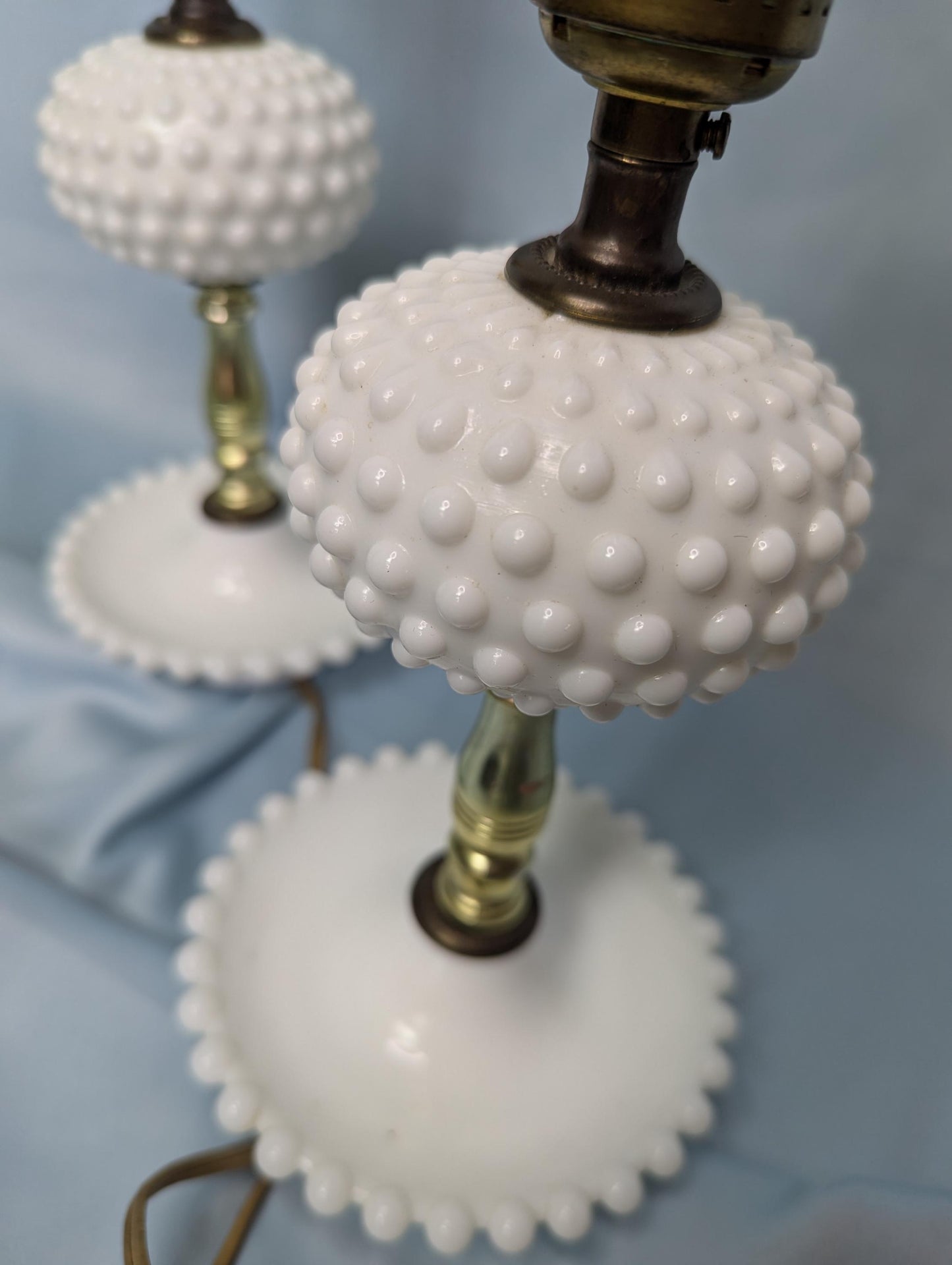 Vintage Vintage White Milk Glass Hobnail with gold accents Lamp pair