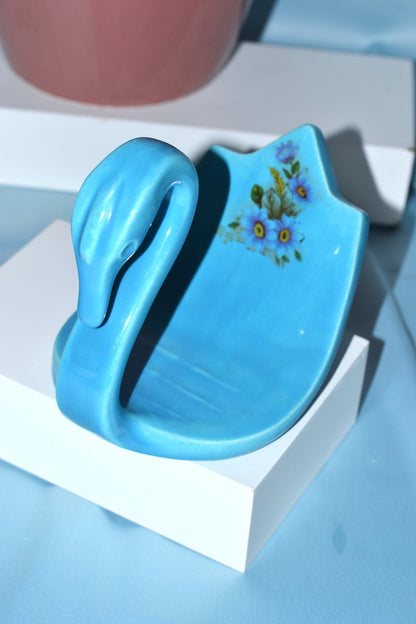 Blue 80s art deco ceramic swan soap dish towel holder