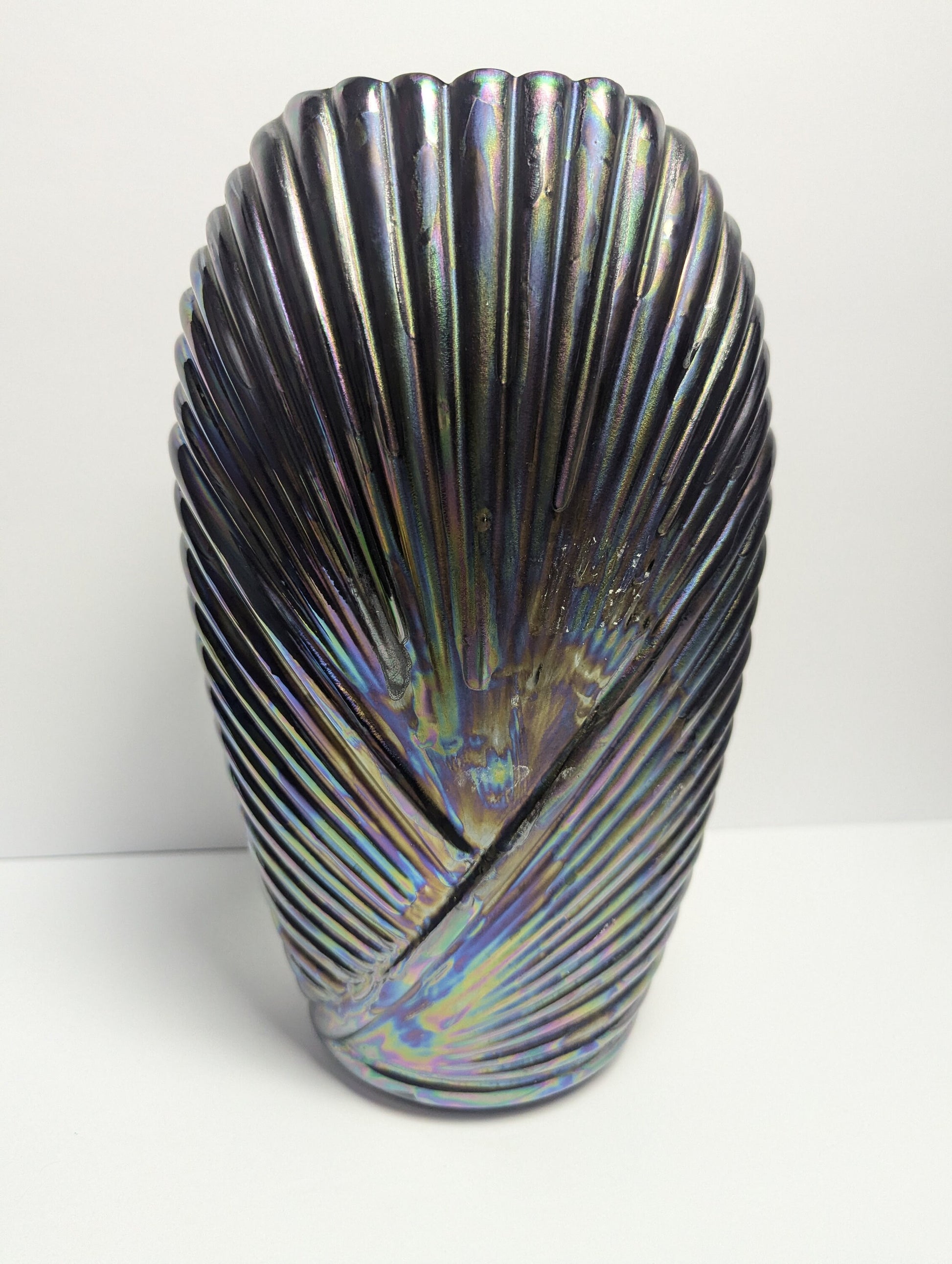 80s iridescent deep purple black art deco vase