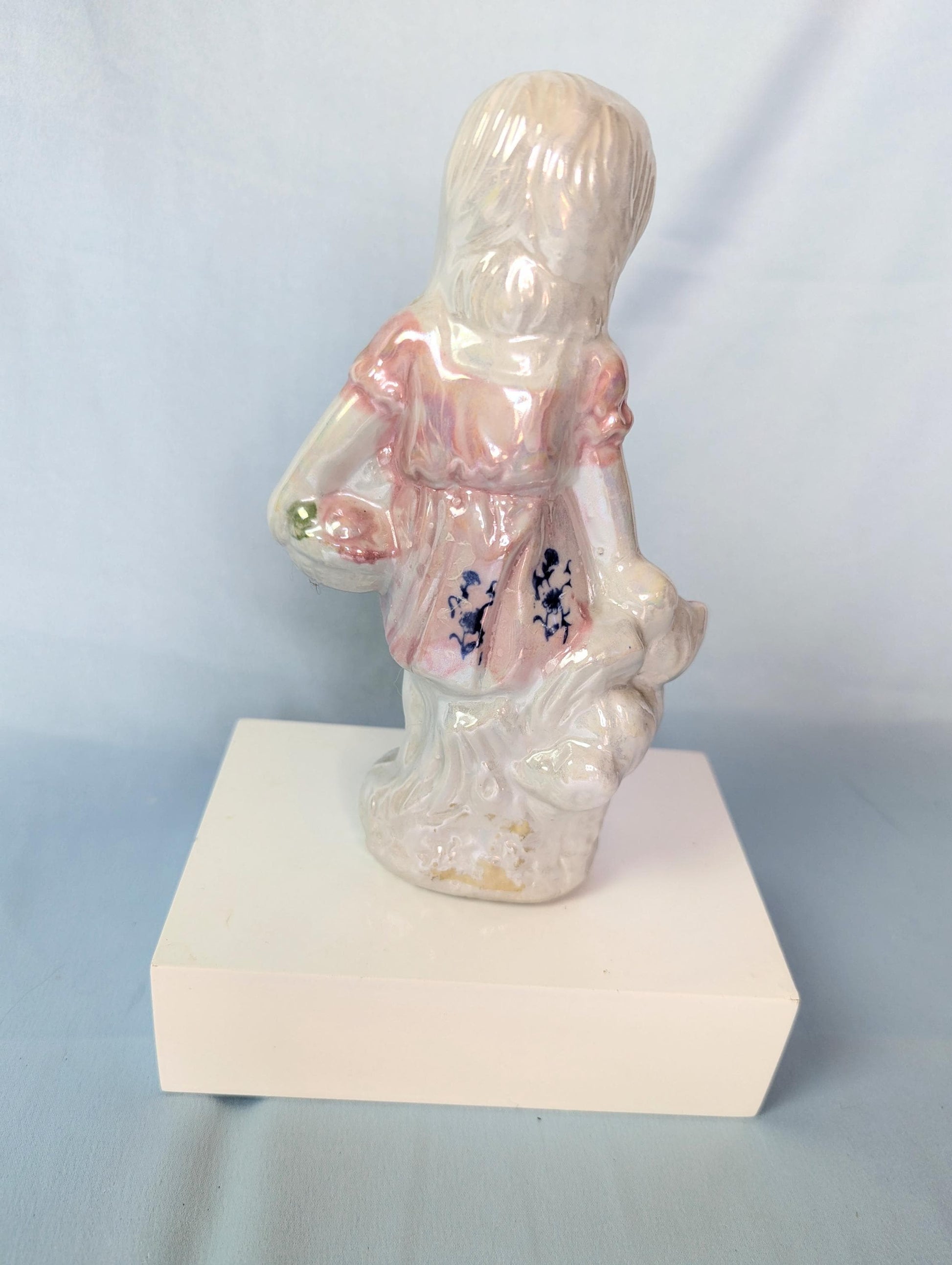 Vintage Lusterware Girl with cat pastel white and pink knickknack