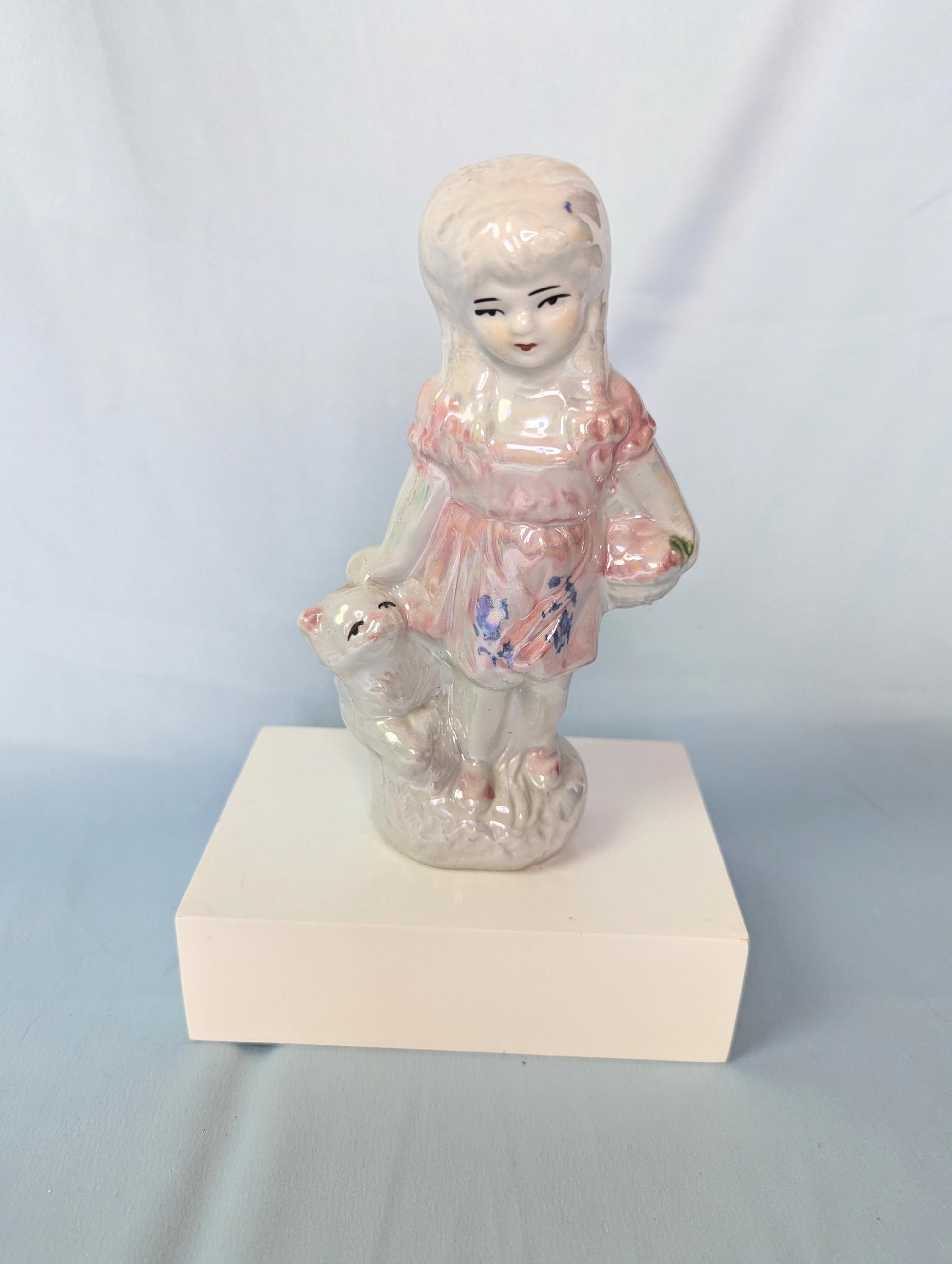 Vintage Lusterware Girl with cat pastel white and pink knickknack