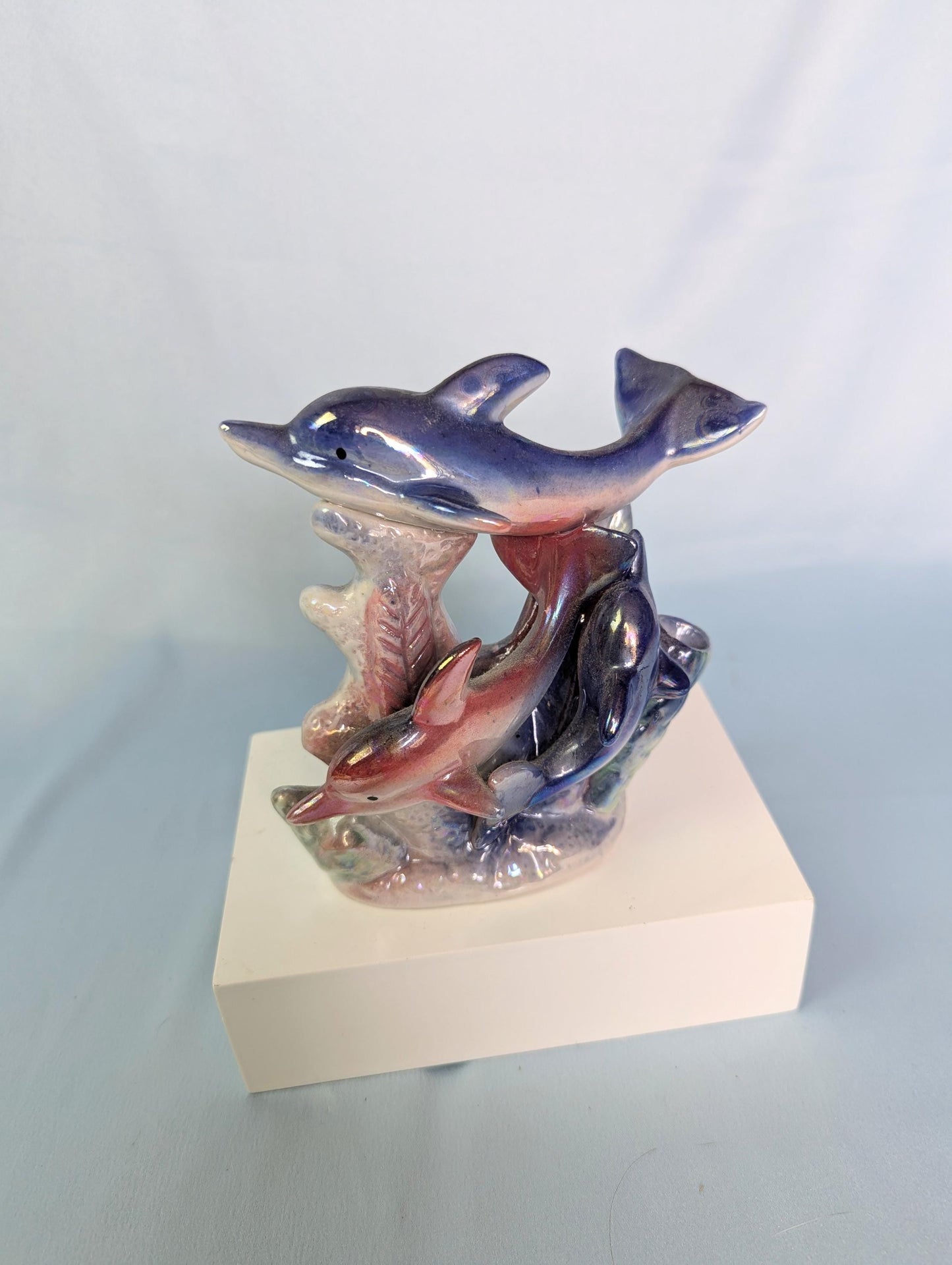 Vintage Lusterware Pink and blue Dolphins and coral pastel knickknack