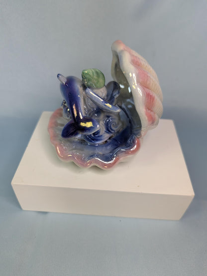 Vintage Lusterware Pink clamshell and blue Dolphins pastel knickknack