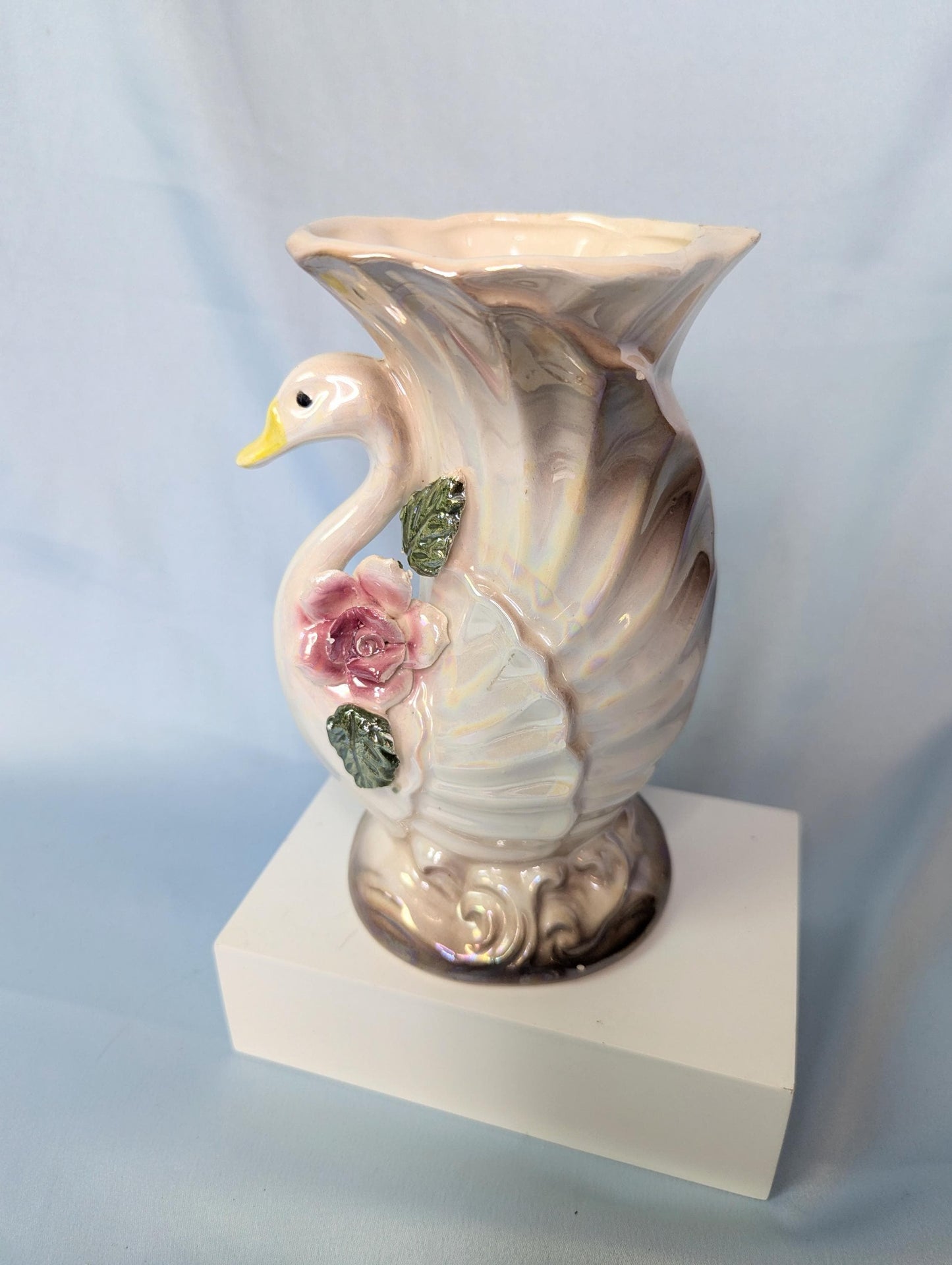 Vintage Lusterware cream floral swan pastel knickknack vase