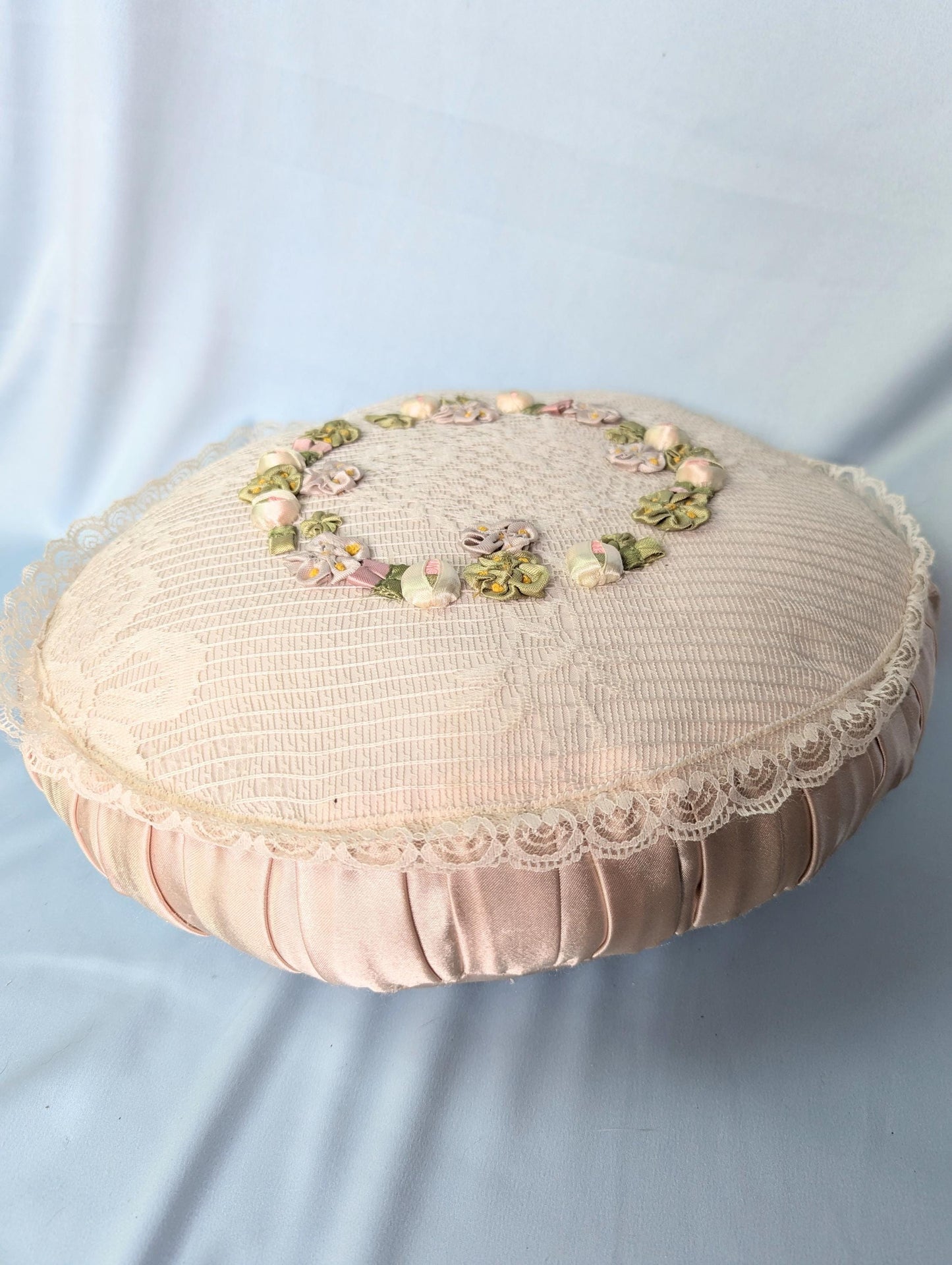 Vintage 80s crochet lace and embroidered rosette round satin pillow