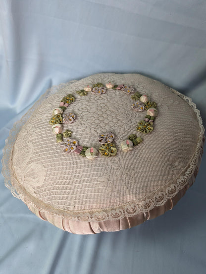 Vintage 80s crochet lace and embroidered rosette round satin pillow