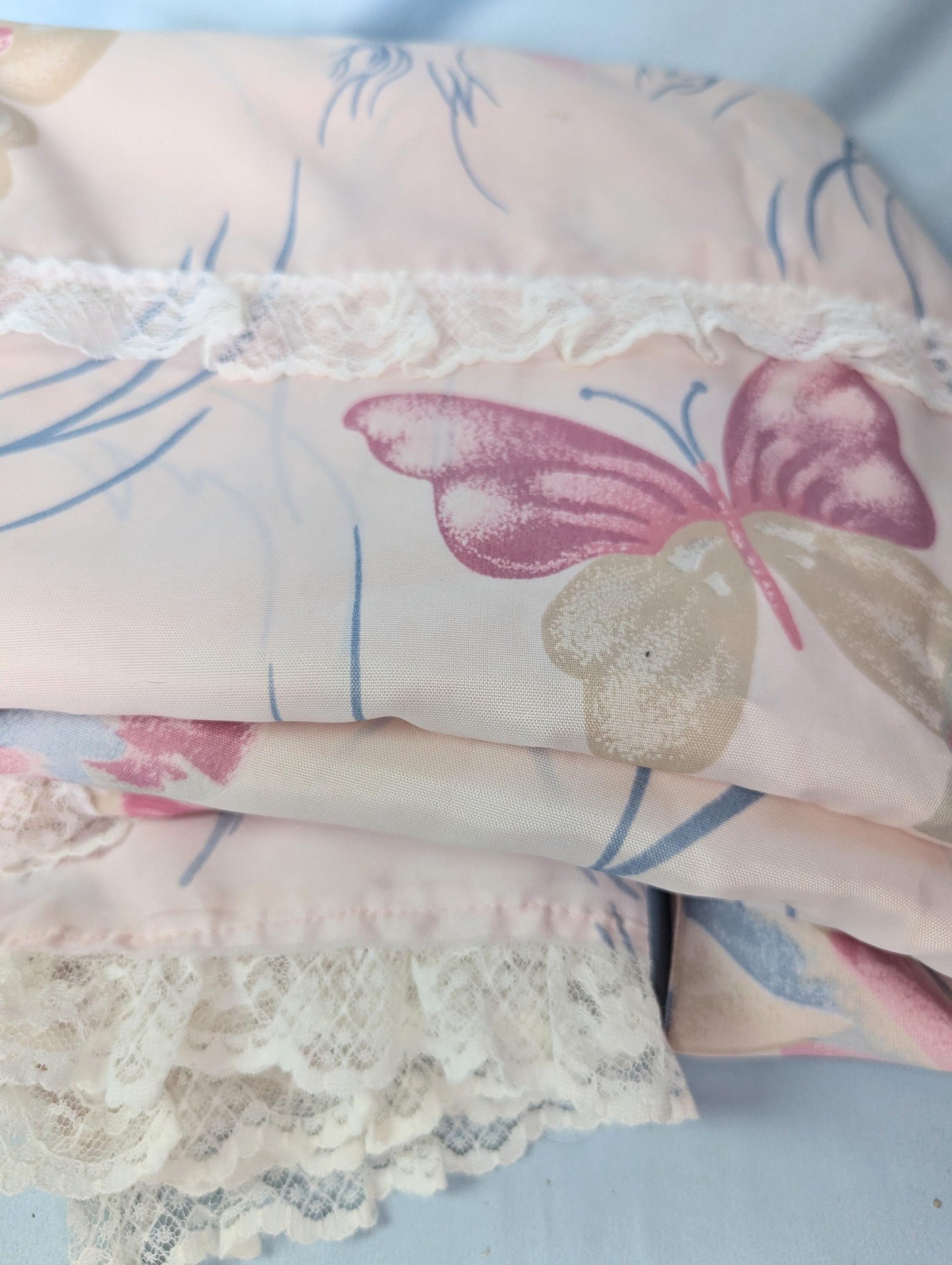 Vintage 60s 80s pastel pink Butterfly print curtains with lace trim Set of 4