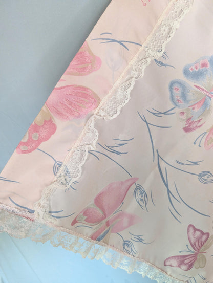 Vintage 60s 80s pastel pink Butterfly print curtains with lace trim Set of 4