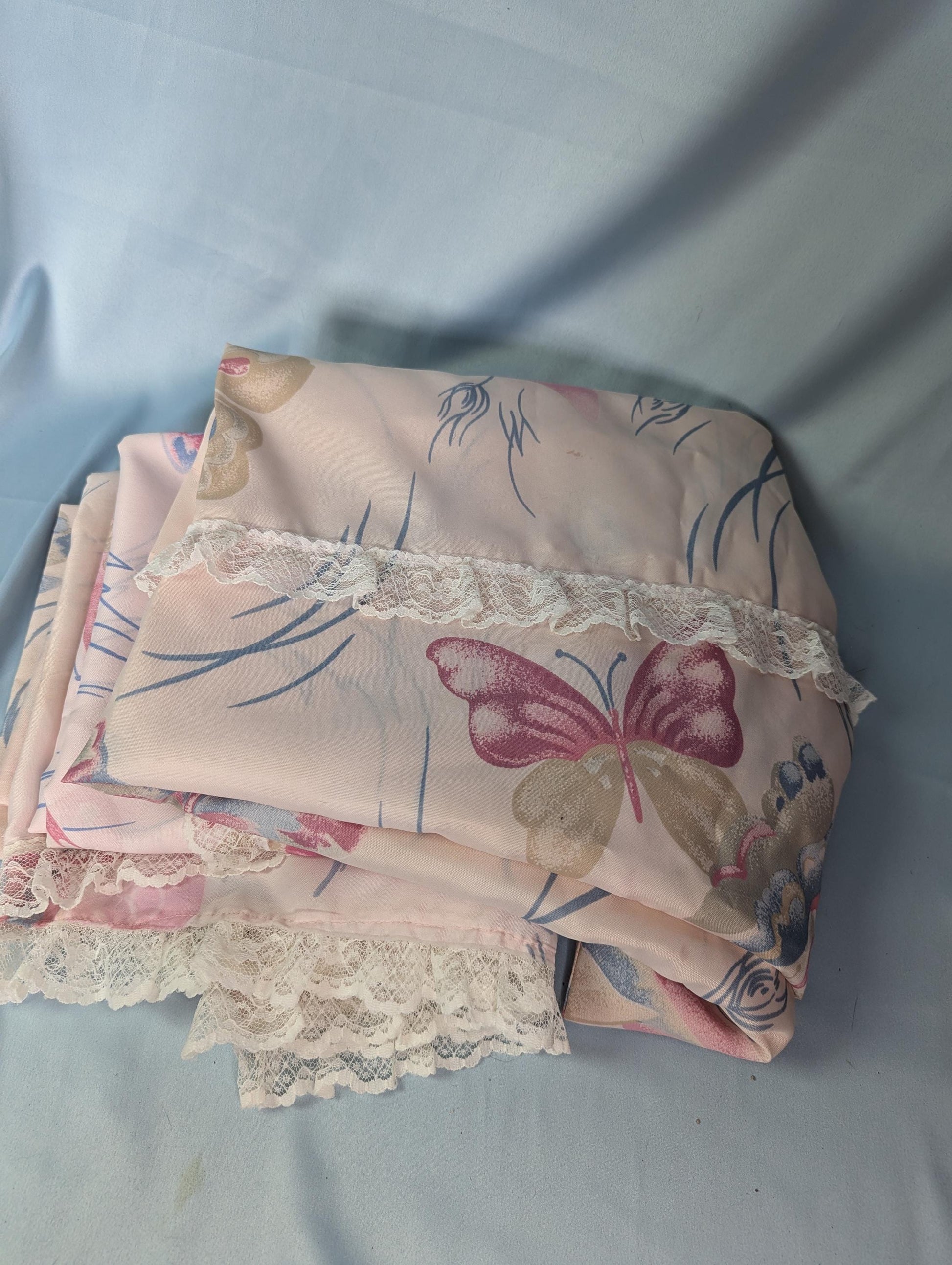 Vintage 60s 80s pastel pink Butterfly print curtains with lace trim Set of 4