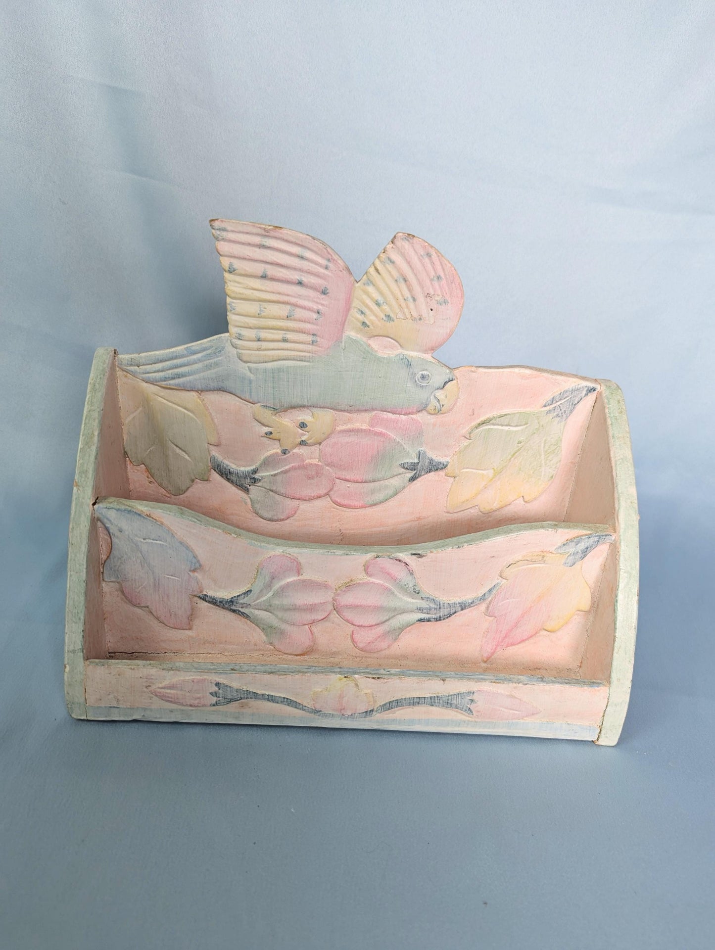 Vintage hand carved pastel tropical bird desk organizer