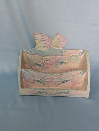 Vintage hand carved pastel tropical bird desk organizer