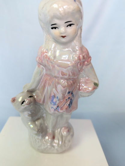 Vintage Lusterware Girl with cat pastel white and pink knickknack