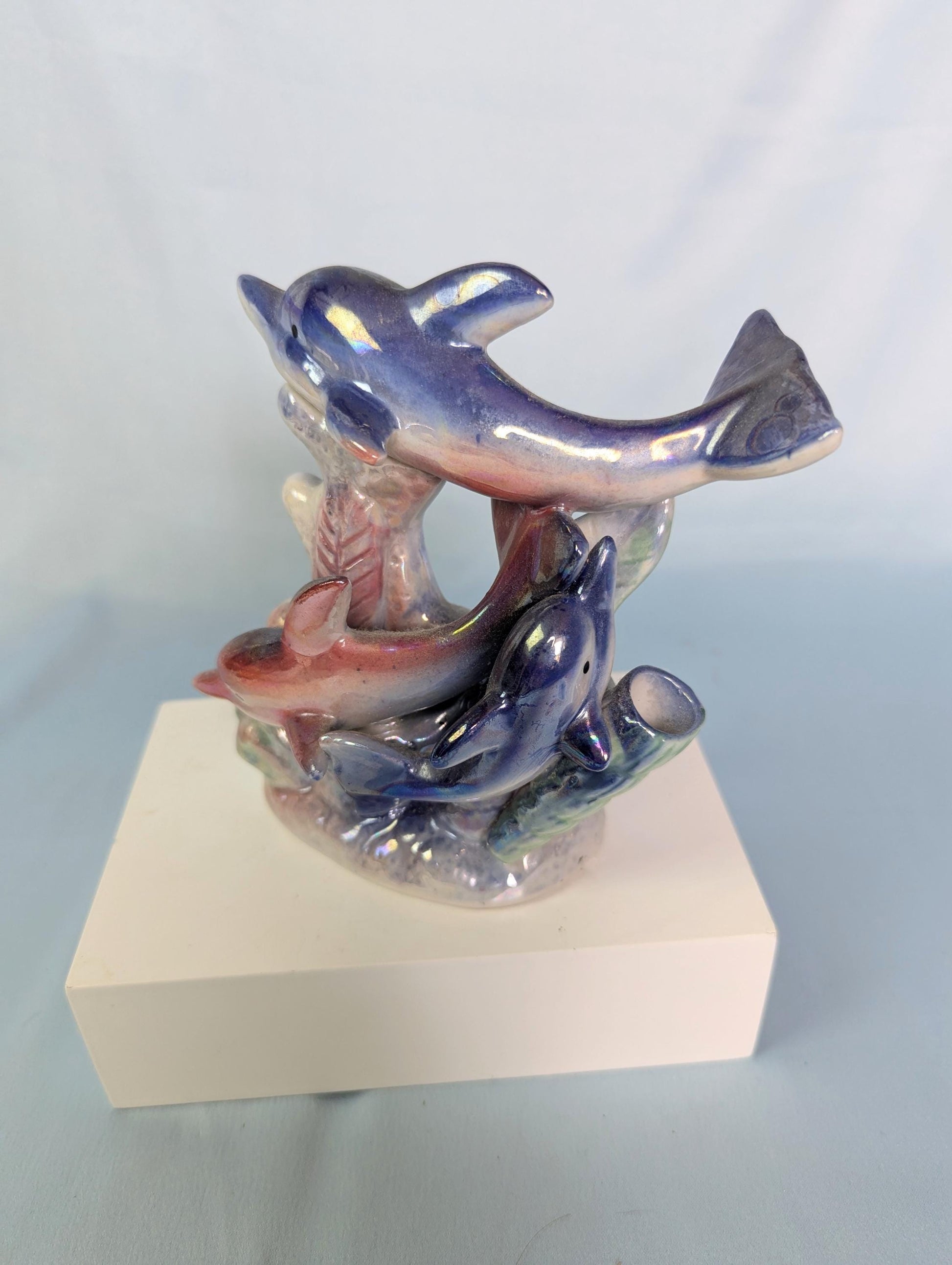 Vintage Lusterware Pink and blue Dolphins and coral pastel knickknack