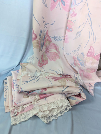 Vintage 60s 80s pastel pink Butterfly print curtains with lace trim Set of 4