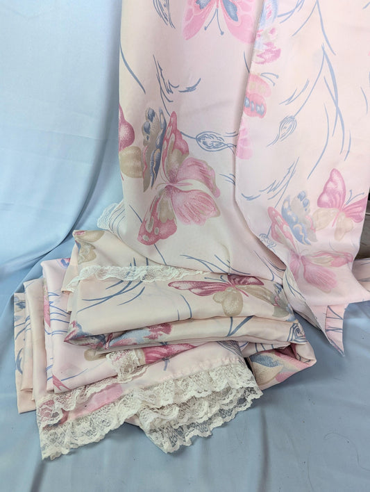 Vintage 60s 80s pastel pink Butterfly print curtains with lace trim Set of 4